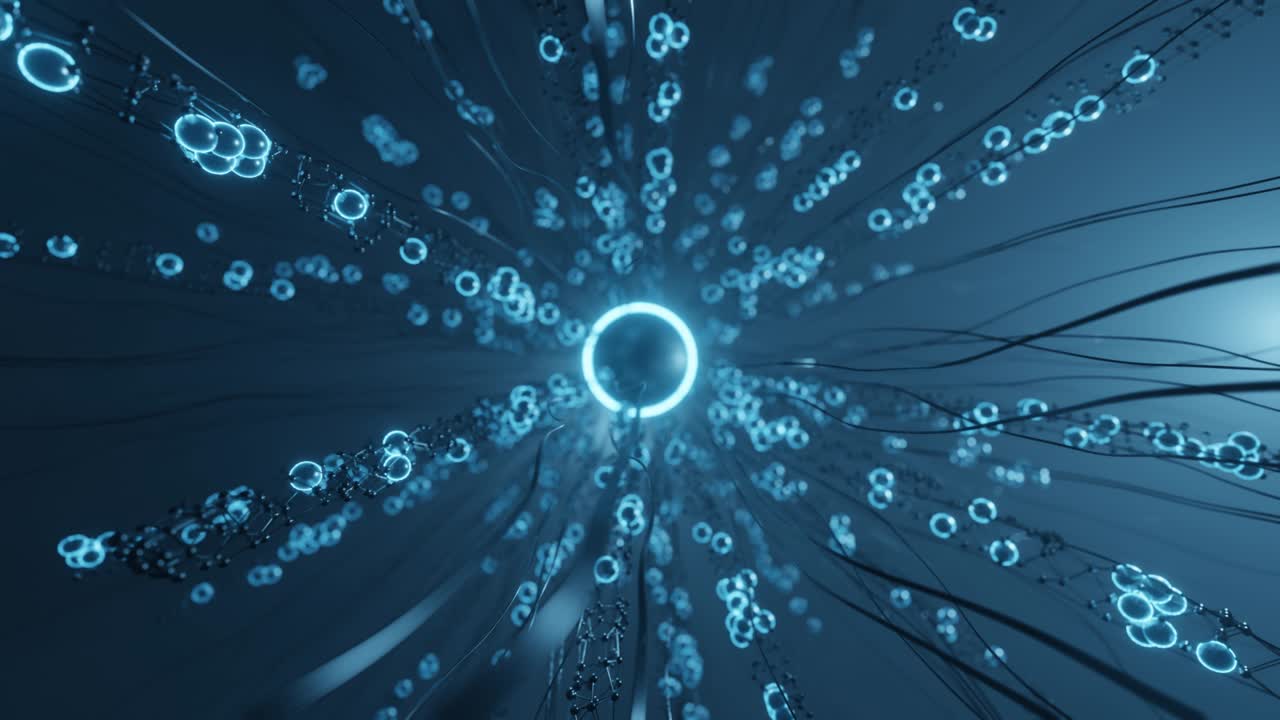 Molecular chains directed to the center of the luminous core, Illustration Abstract 3d Render