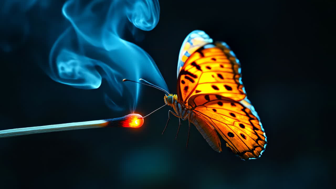 Butterfly near a burning match. Close-up of a butterfly with glowing wings near the flame of a burning match. Blue smoke rises in the dark background