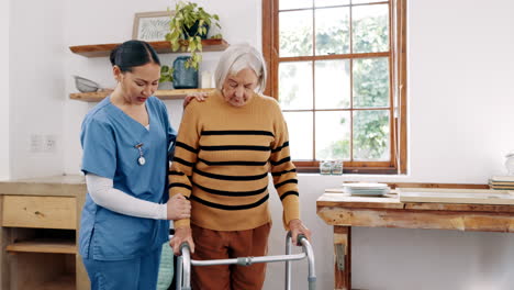 nurse, senior woman with disability and walker