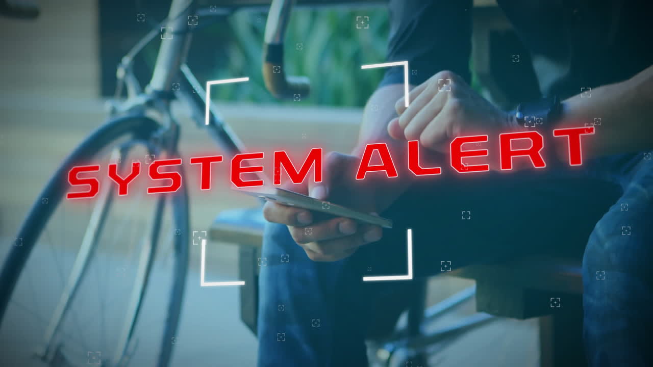 Animation of system alert text and data processing over caucasian man using smartphone