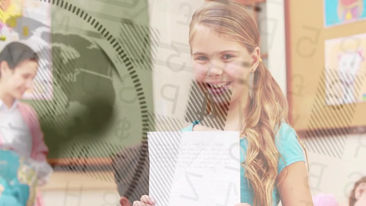 Teacher moving globe, students turning to girl holding paper, globe motif highlighting education