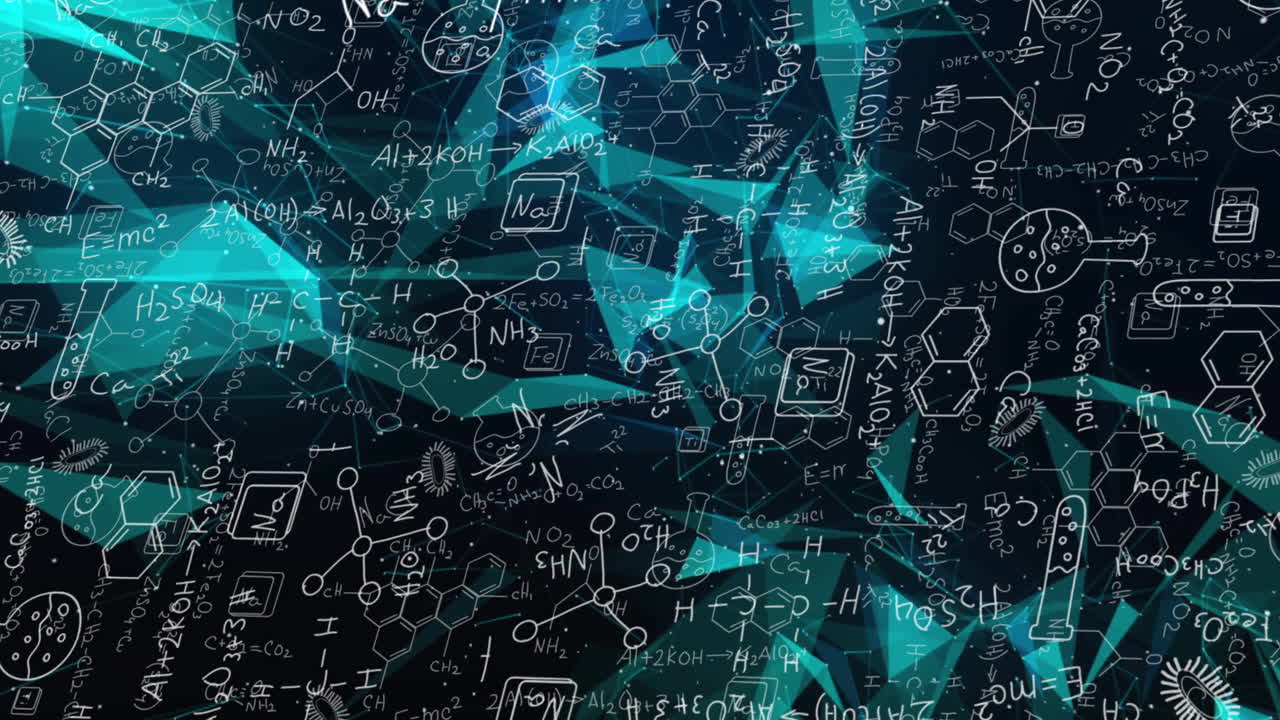 Animation of mathematical and chemical equations over shapes on black background