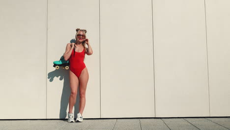 woman in red swimsuit with roller skates