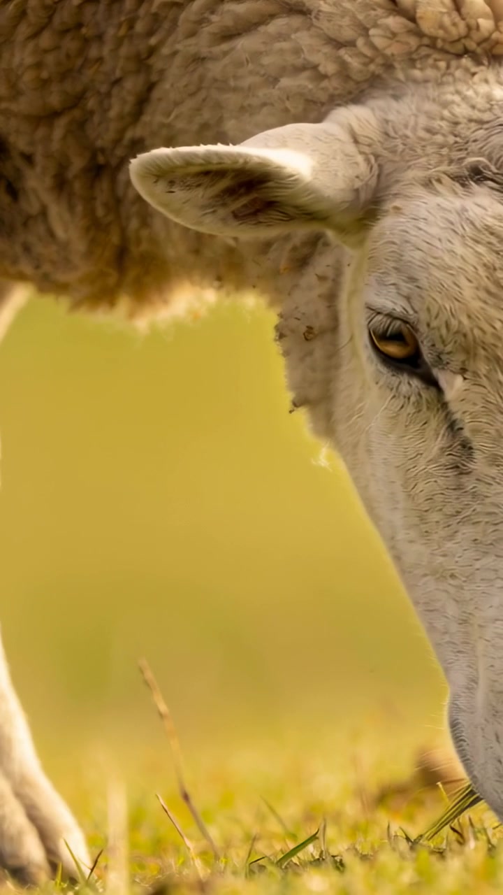 Video verticale: Inquadratura di una pecora lanosa che abbassa la testa e pascola nel prato, cercando cibo con il muso.