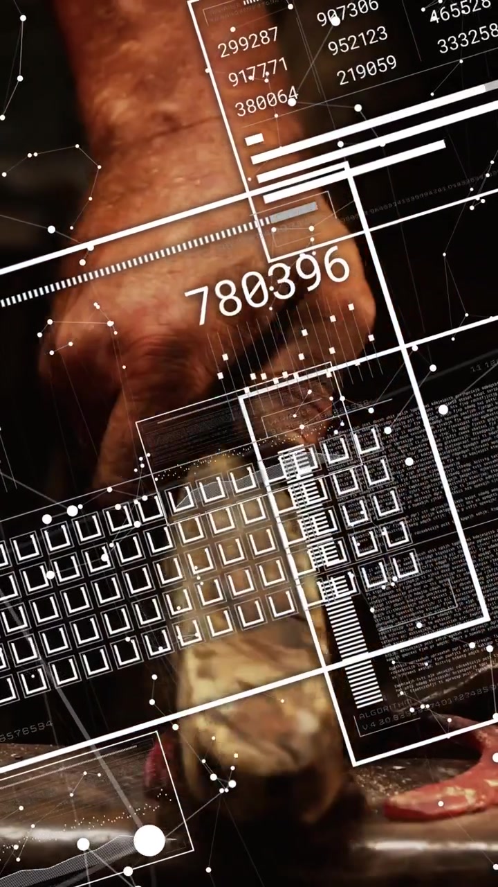 Vertical video: Hand lowering pestle pressing, rolling chili on metal plate HUD tracking prep data