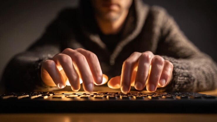 Primo piano di mani concentrate che digitano su una tastiera in condizioni di scarsa illuminazione, che evidenzia l'intensità della comunicazione digitale e la connessione tra tecnologia e interazione umana