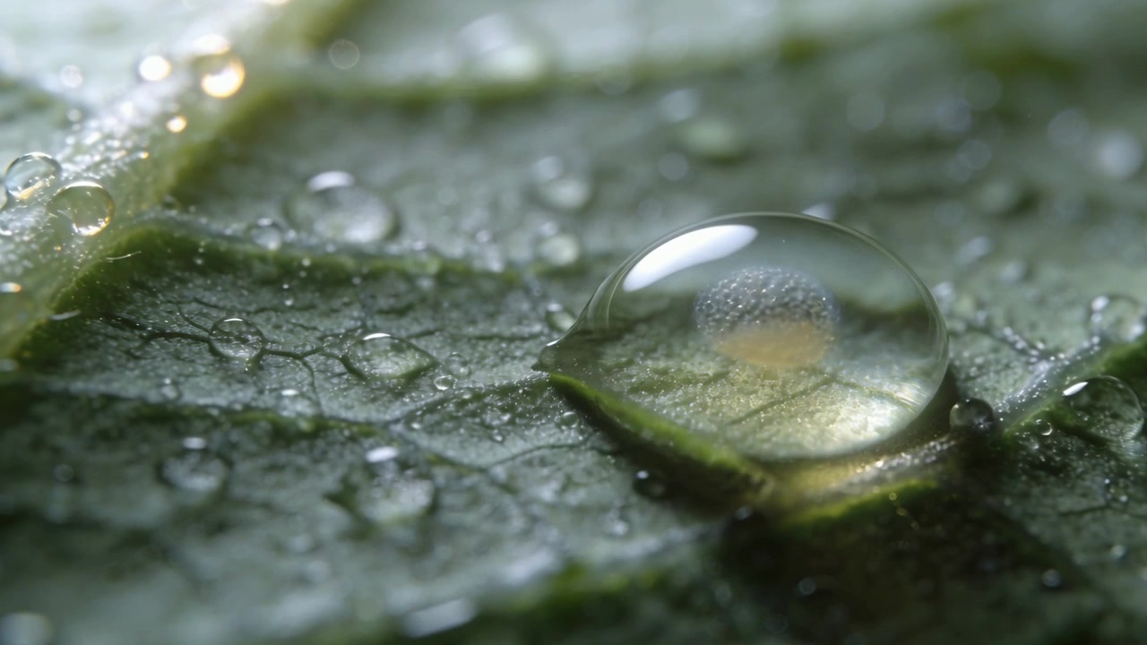 Goccia d'acqua che si espande e si appiattisce su una foglia verde, con perle lungo la venatura e variazione dell'angolo di luce