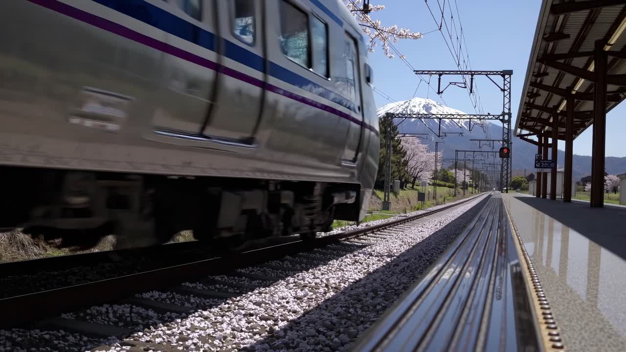 日本の駅で桜と富士山の傍らを列車が通過する様子