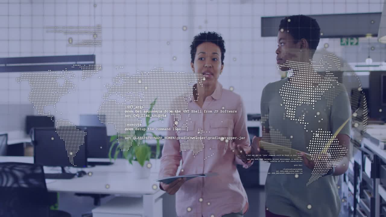 Pink-shirted colleague glancing into file and starting IT document review with world map overlay