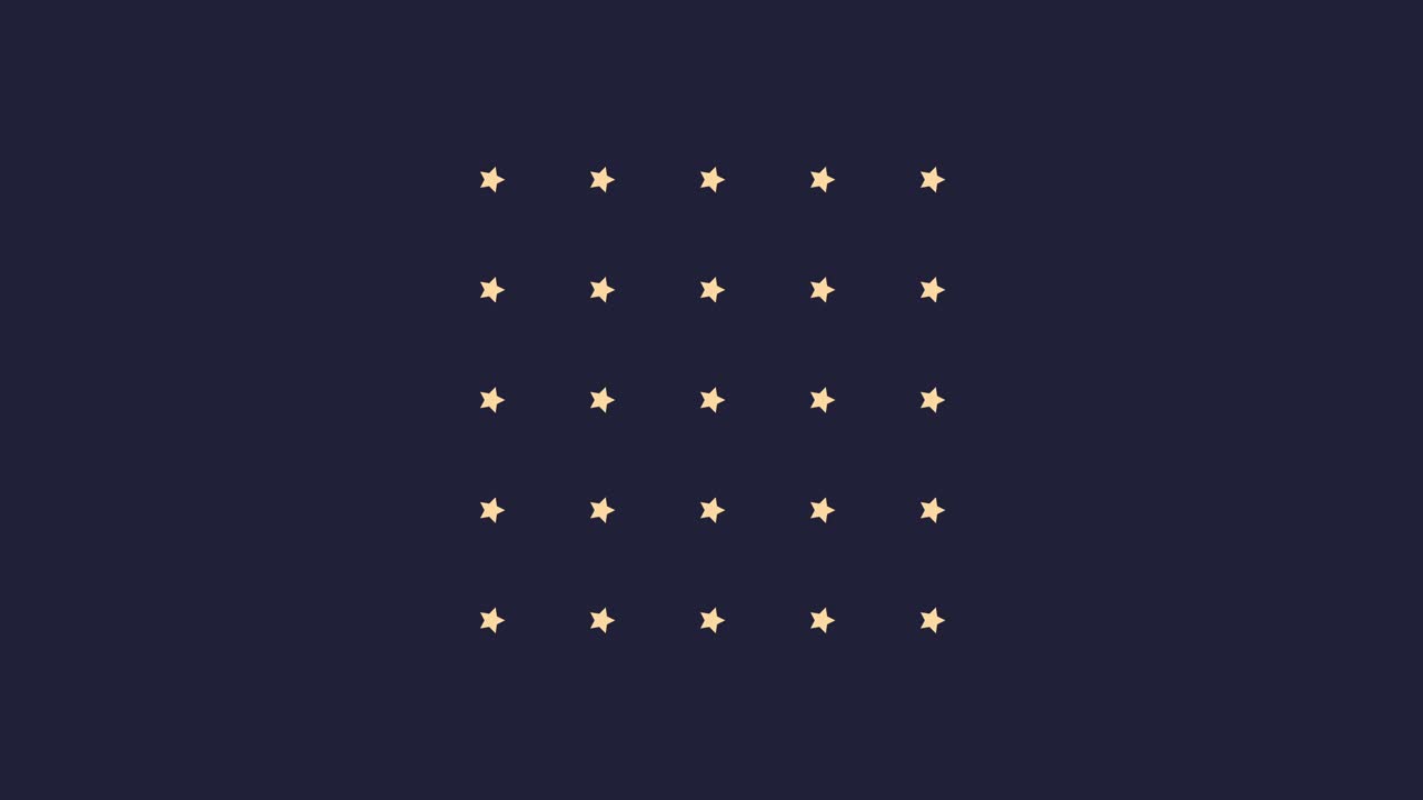 ilustración animación 2d de estrellas amarillas que se alinean en forma cuadrada, fondo azul oscuro