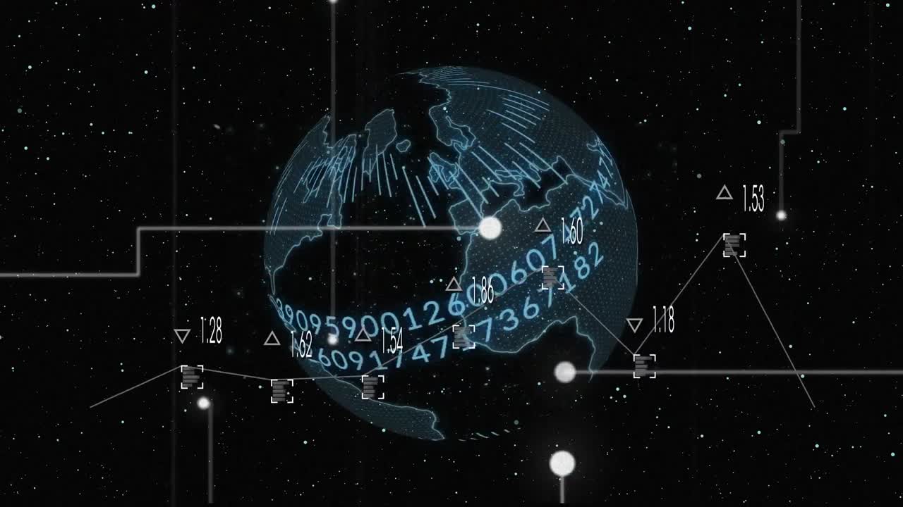 검은 바탕에 회전하는 지구 위의 데이터 처리의 애니메이션