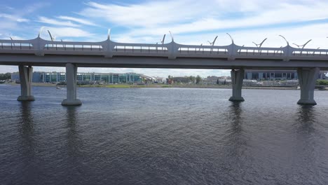 aerial drone slow tracking shot of the western high-speed diameter bridge, gulf of finland in saint petersburg, russia