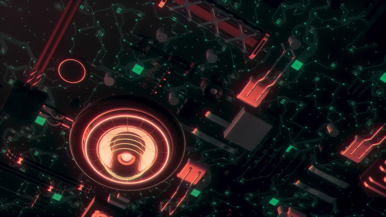 빛나는 빨간색과 초록색 불빛으로 추상적인 미래의 회로판
