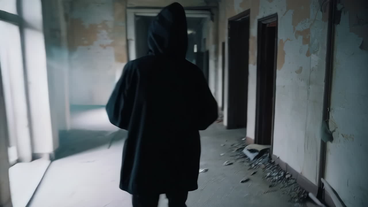 Person Walking Down a Dark Abandoned Hallway