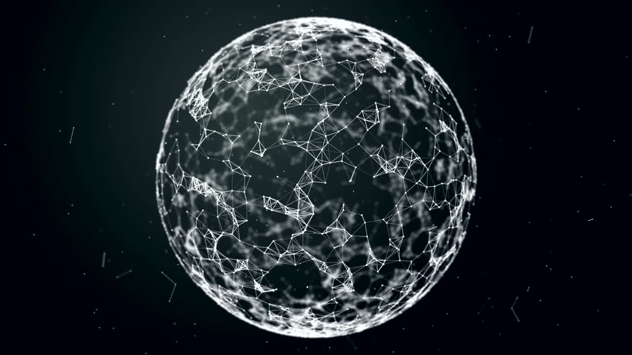 플렉서스 모양의 구, 지구, 공간: 움직이는 선, 지점, 삼각형이 있는 추상적인 기하학적 배경.플렉서스 환상 추상 기술.