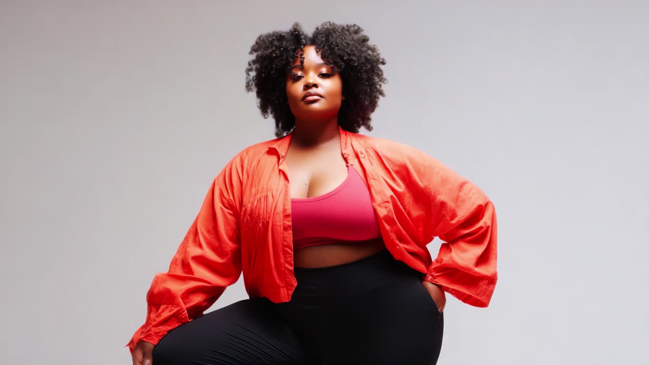 A Confident Pose: Capturing Elegance and Strength in Fashion Photography with a Curvy Model Showcasing Style and Attitude in a Vibrant Red Shirt and Chic Outfit
