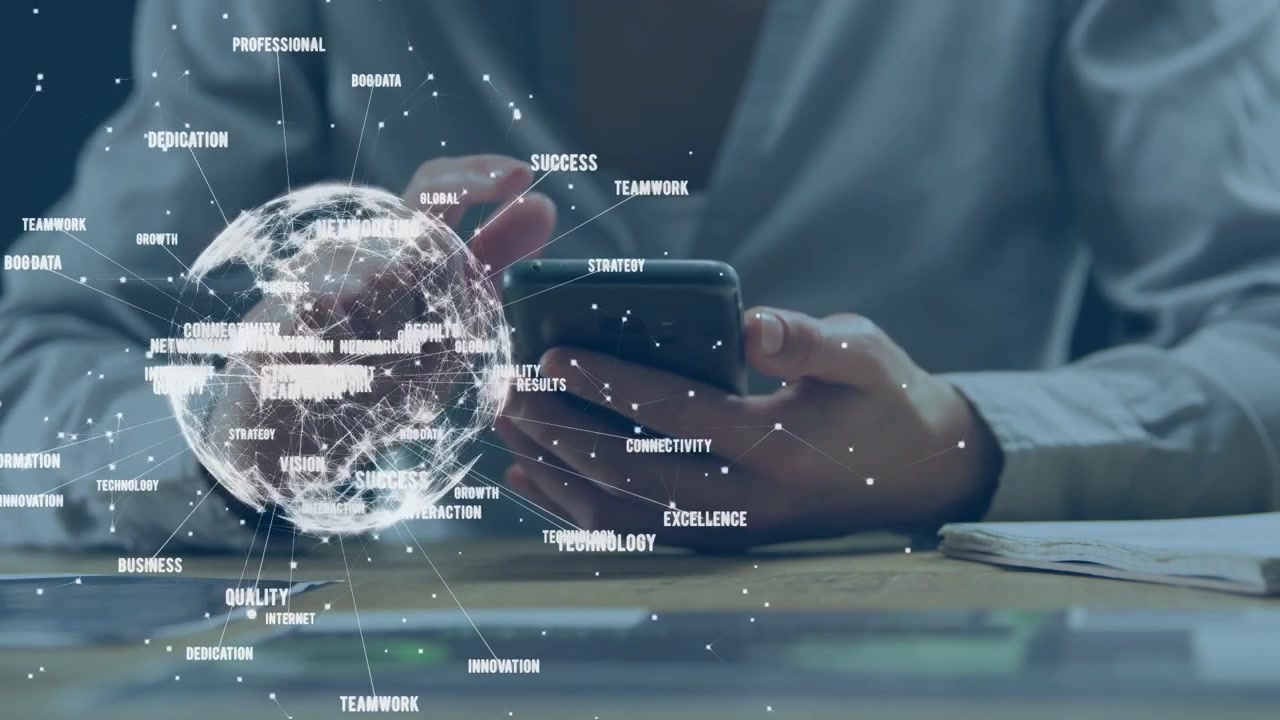 Office worker holding smartphone and tapping phone, animating holo globe visualizing tech map