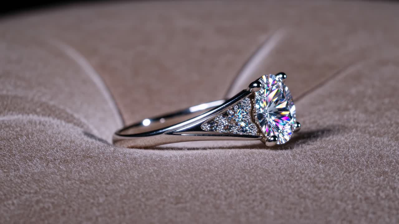 Primo piano, inquadratura dal basso di un anello di diamante scintillante su velluto.