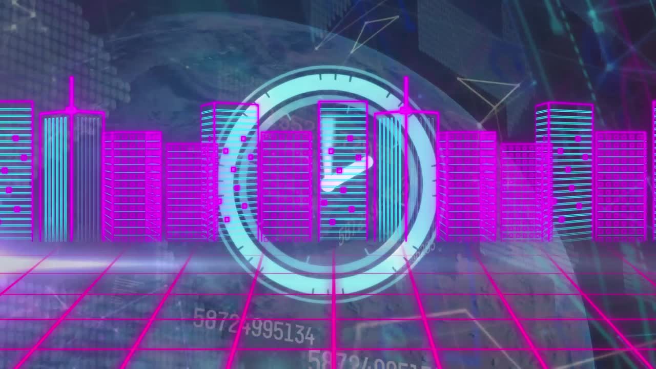 animación de reloj en movimiento sobre procesamiento de datos con ciudad digital y globo sobre fondo negro.