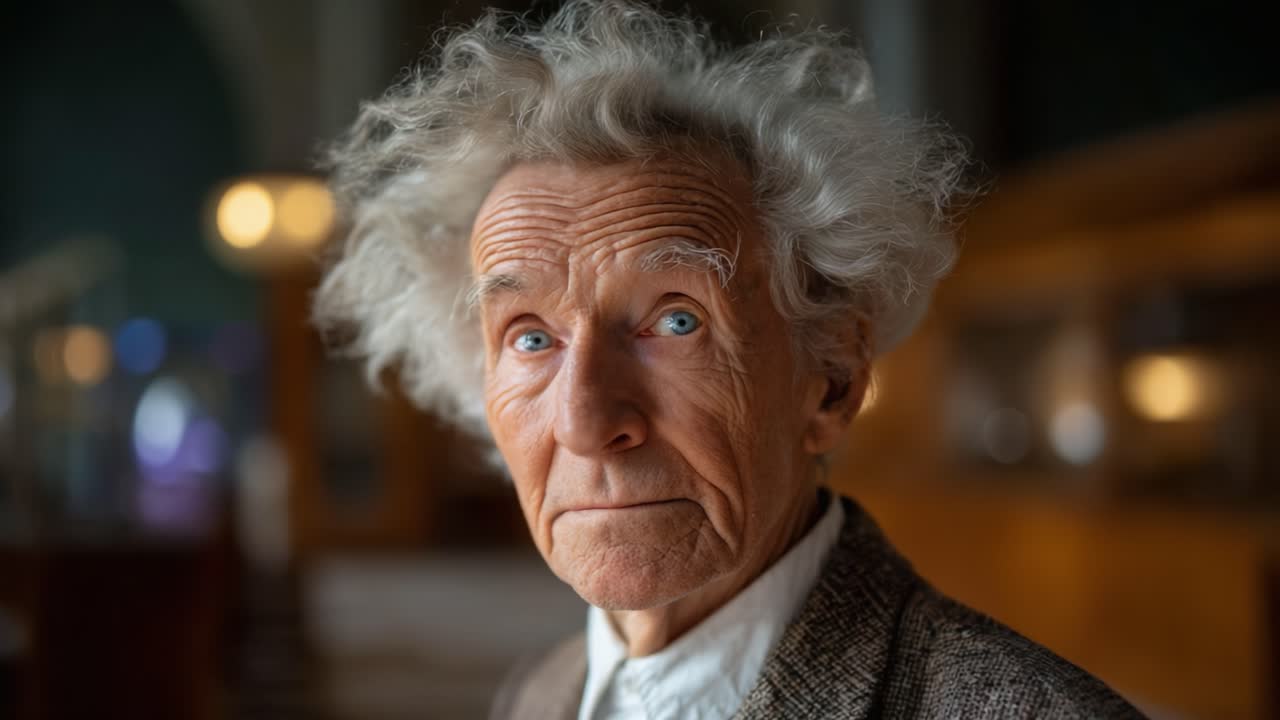 A Confident Elderly Man with Unique Hair and Intense Eyes Reflects on Life's Journey in a Warmly Lit, Inviting Setting Displaying Age and Wisdom
