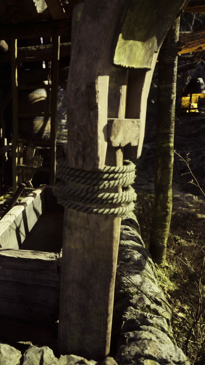 Old wooden structure with rope and rustic tools under evening light