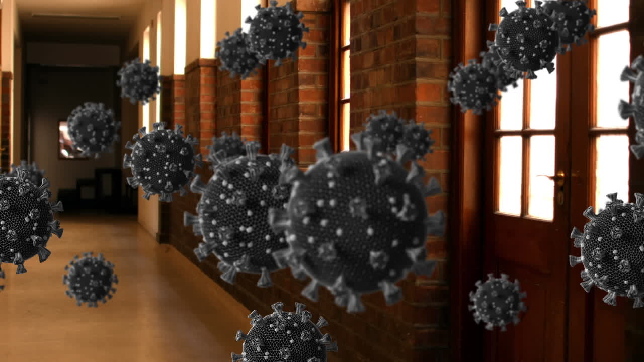 Animazione di cellule di coronavirus su un corridoio vuoto