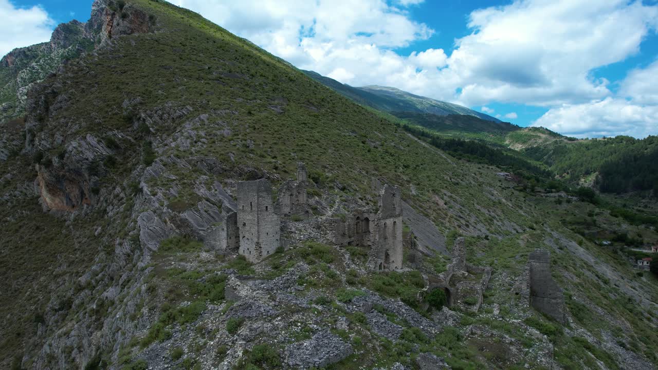 Stone Fortress Ruins Cliffside Vjosa River Valley Kelcyre Town Overlooked by Rocky Ancient Walls
