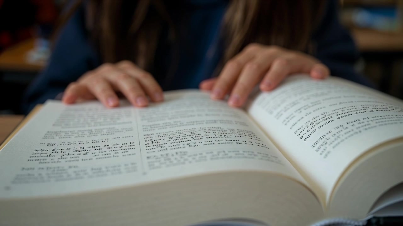 Studente con maglione scuro che appoggia le mani e traccia il testo al banco della classe con un segnalibro per studiare.