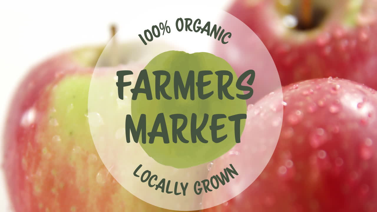 анимация рынка фермеров органического питания текст над свежими яблоками на белом фоне