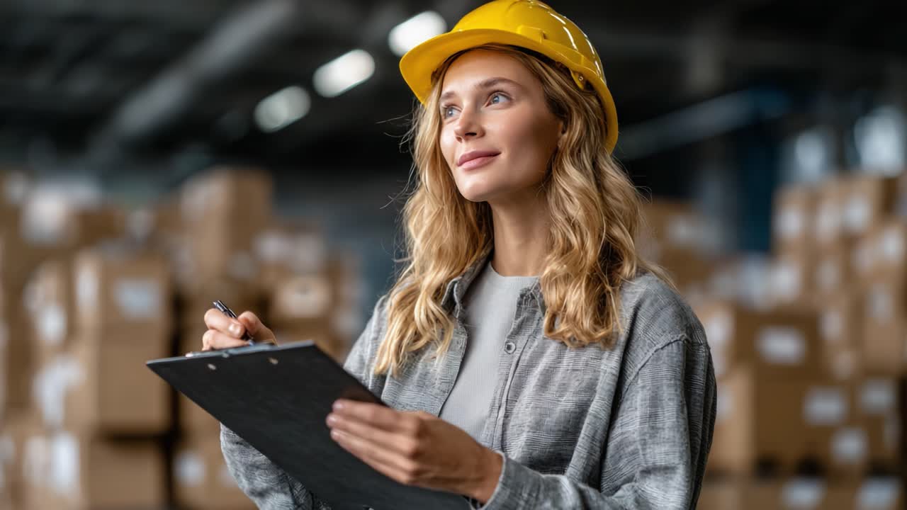A confident woman in a safety helmet, thoughtfully holding a clipboard, surveys the warehouse environment, exemplifying diligence and professionalism in her role