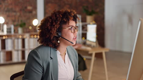 Night-call-center-and-happy-woman