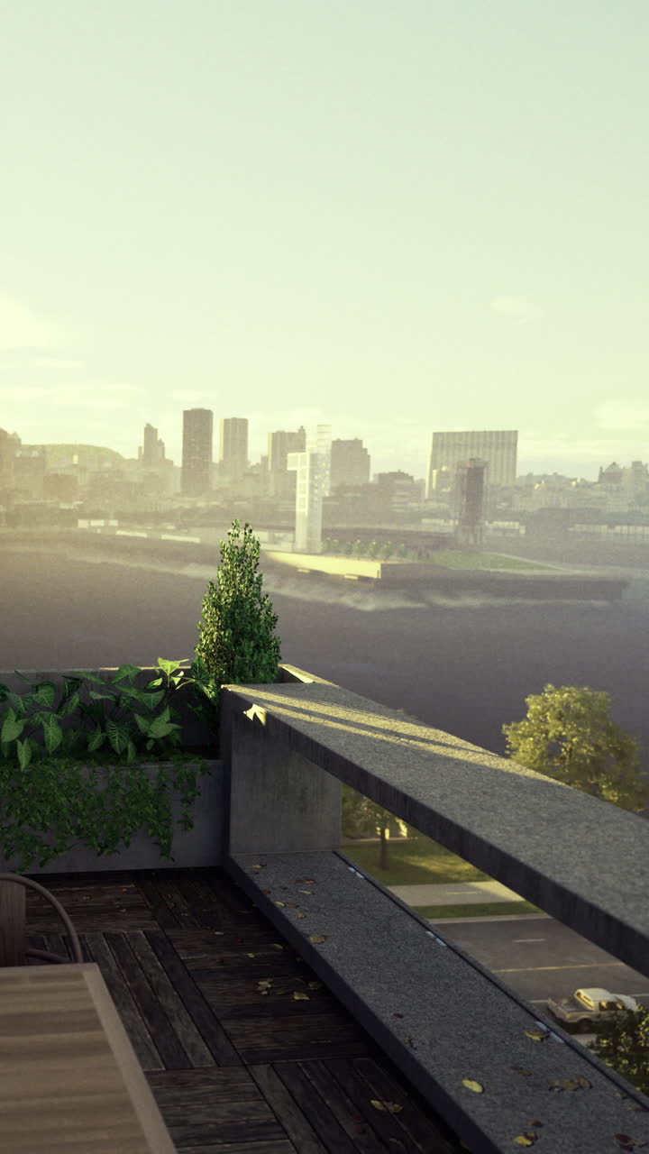 Vista de uma varanda sobre a paisagem urbana ao fim da tarde.