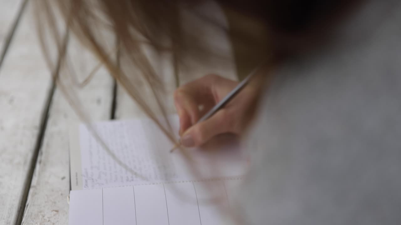 una mujer irreconocible sueña con su futuro mientras escribe en su diario con un lápiz, de cerca, en rack fokus