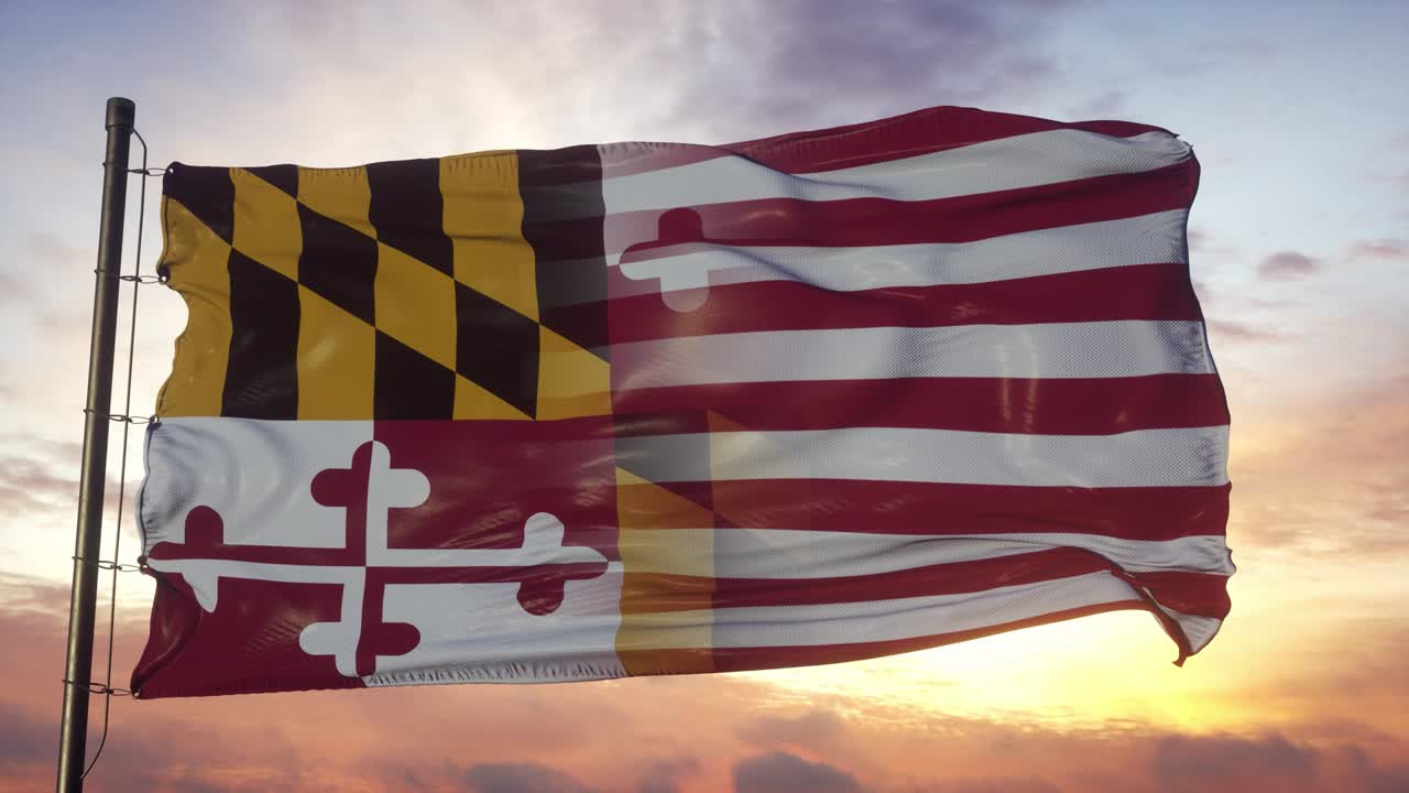 Maryland og USA flag på flagstang. USA og Maryland Blandet flag der vajer i vinden