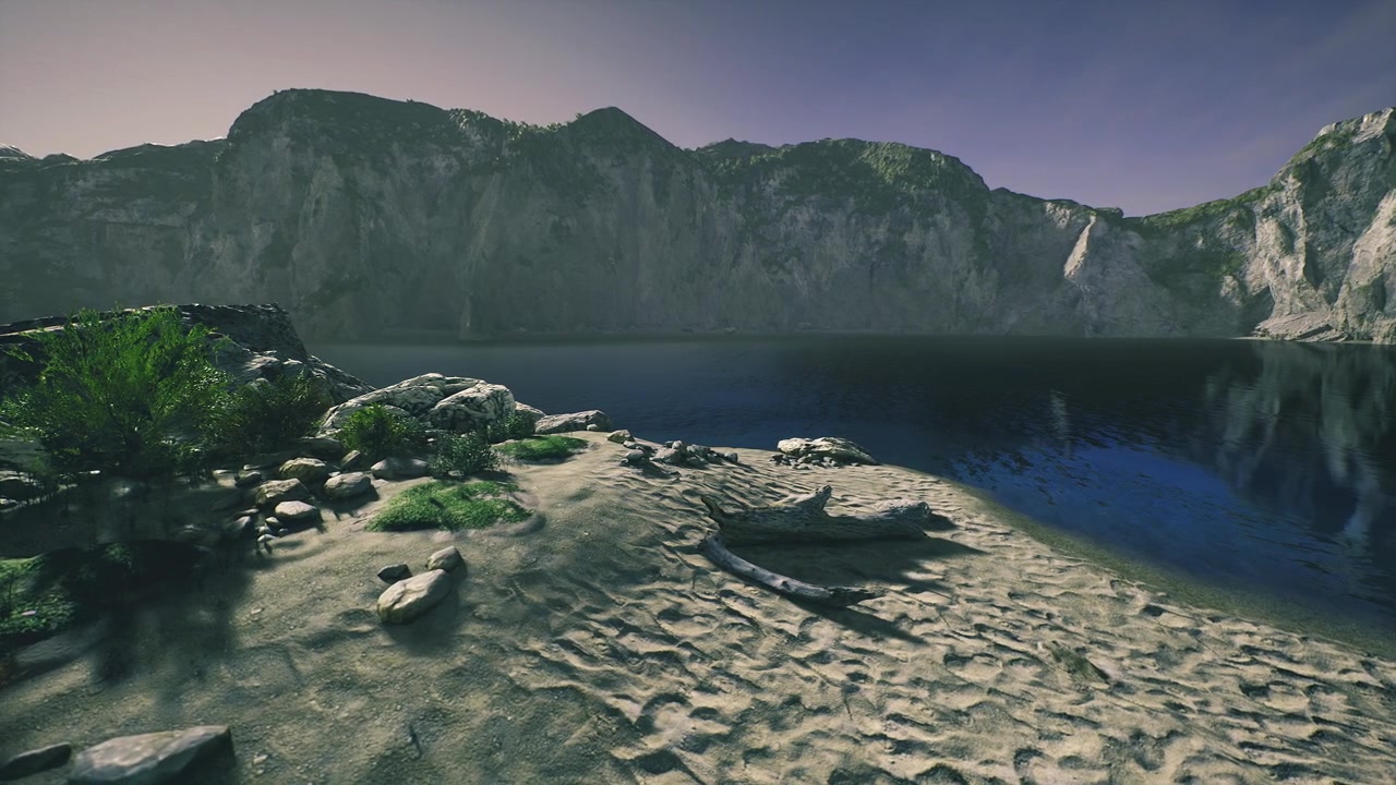 Fredfyldt kystscene, rolig strand med blid vind og småsten.