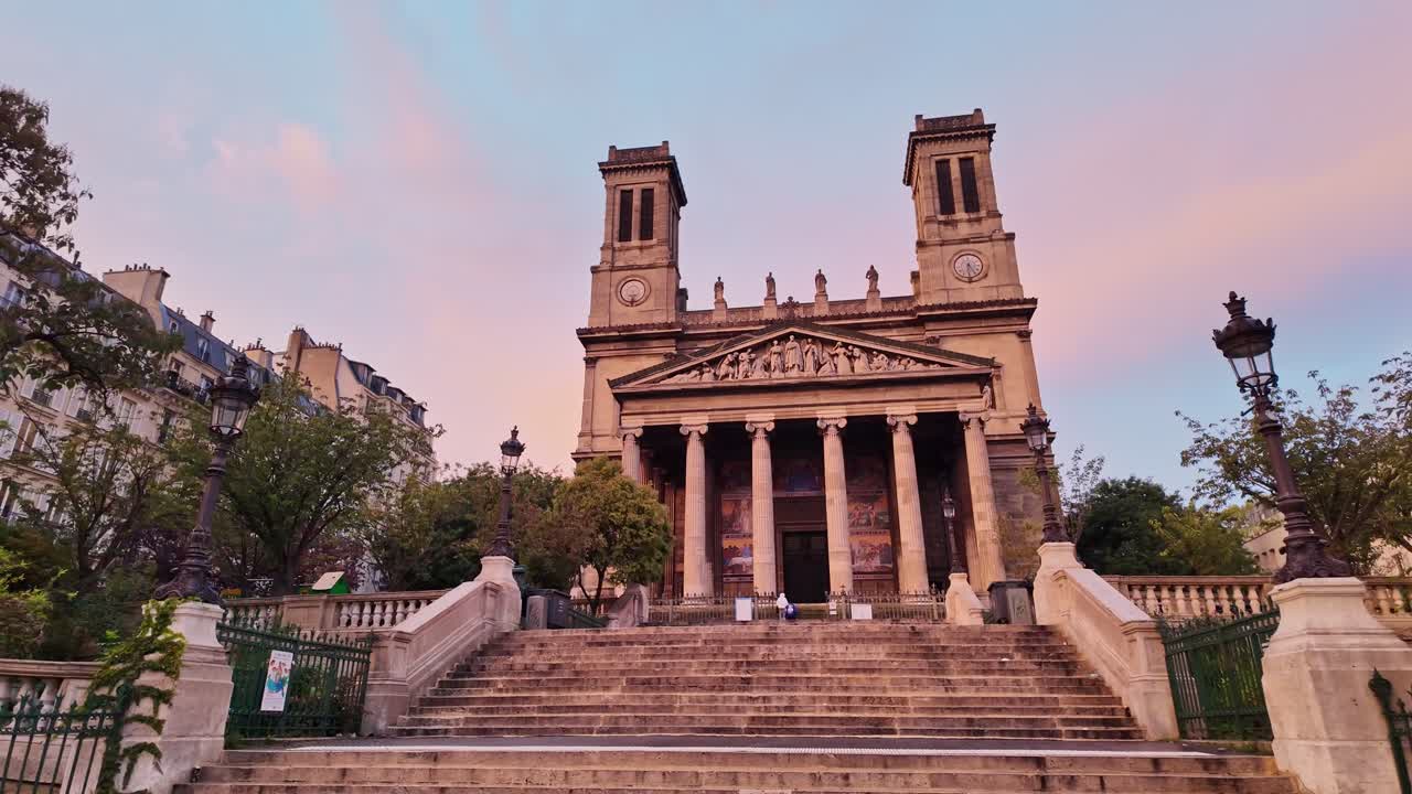 Saint-Vincent-de-Paul church located at Franz-Liszt, Paris, France. Fpv walking