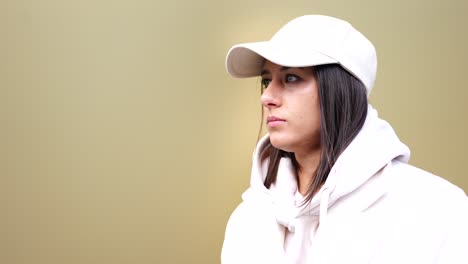 young girl in hoodie and cap smoke electronic cigarette, exhale white vapor