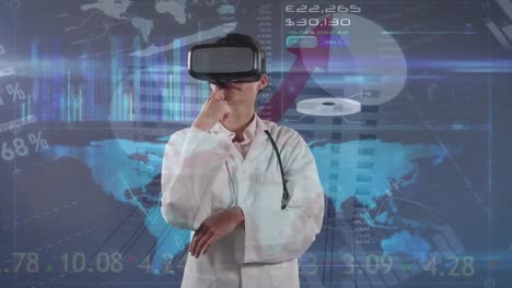 Animation-Von-Finanzdaten-Und-Grafiken-über-Einer-Kaukasischen-Ärztin-Im-VR-Headset