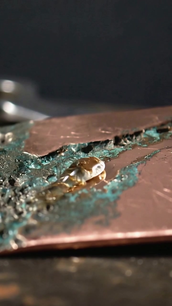 Vertical video: Filming corroded copper plate with patina, amber droplet sliding to edge on bench