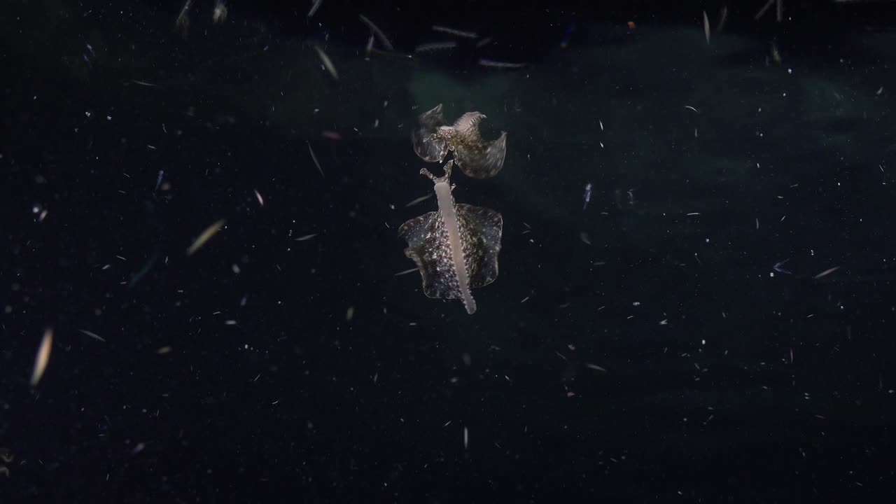 수면에 반사된 몸으로 밤에 수면 아래에서 수영하는 바다 토끼