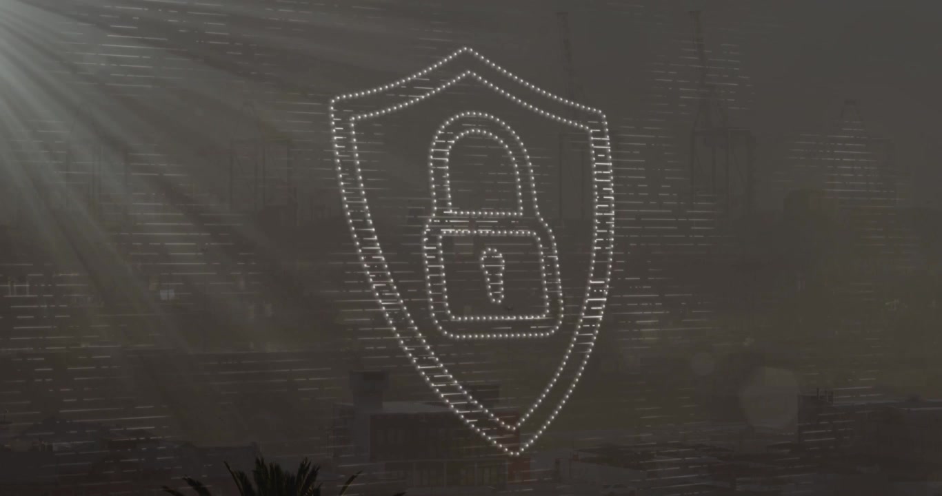 Starting with faint outline hovering, dotted lines tracing shield padlock icon showing protection