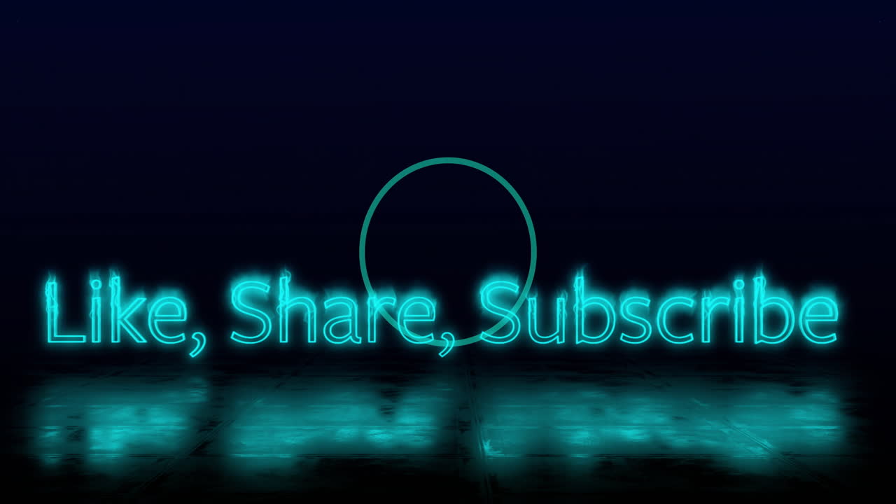 Animation with glowing text for Like, Share, Subscribe on dark background