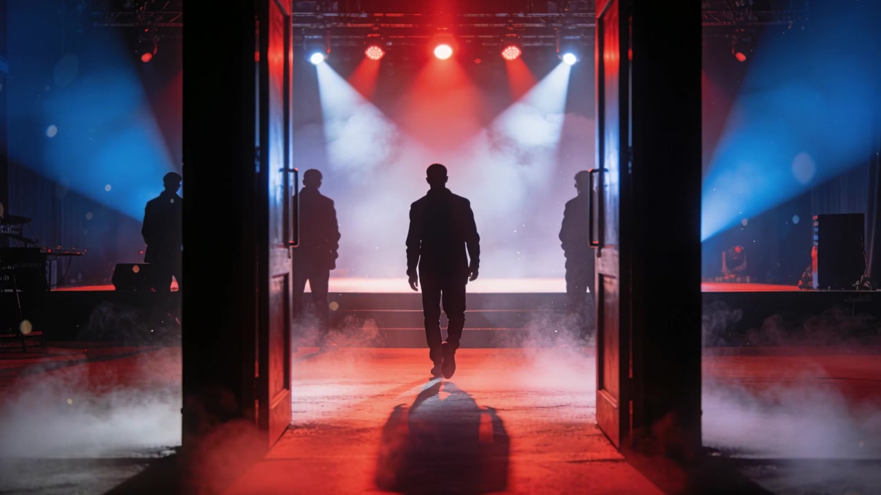Mann som går, iført mørk dress, går inn gjennom doble dører mot scenen, røde lysstråler og tåke, forbereder show.