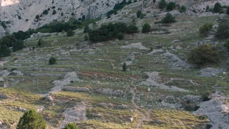 impresionante paisaje natural en la cima de una montaña conocida popularmente como la meseta lunar en la isla de krk en croacia, pared de piedra seca en el fondo - tiro ascendente de drones