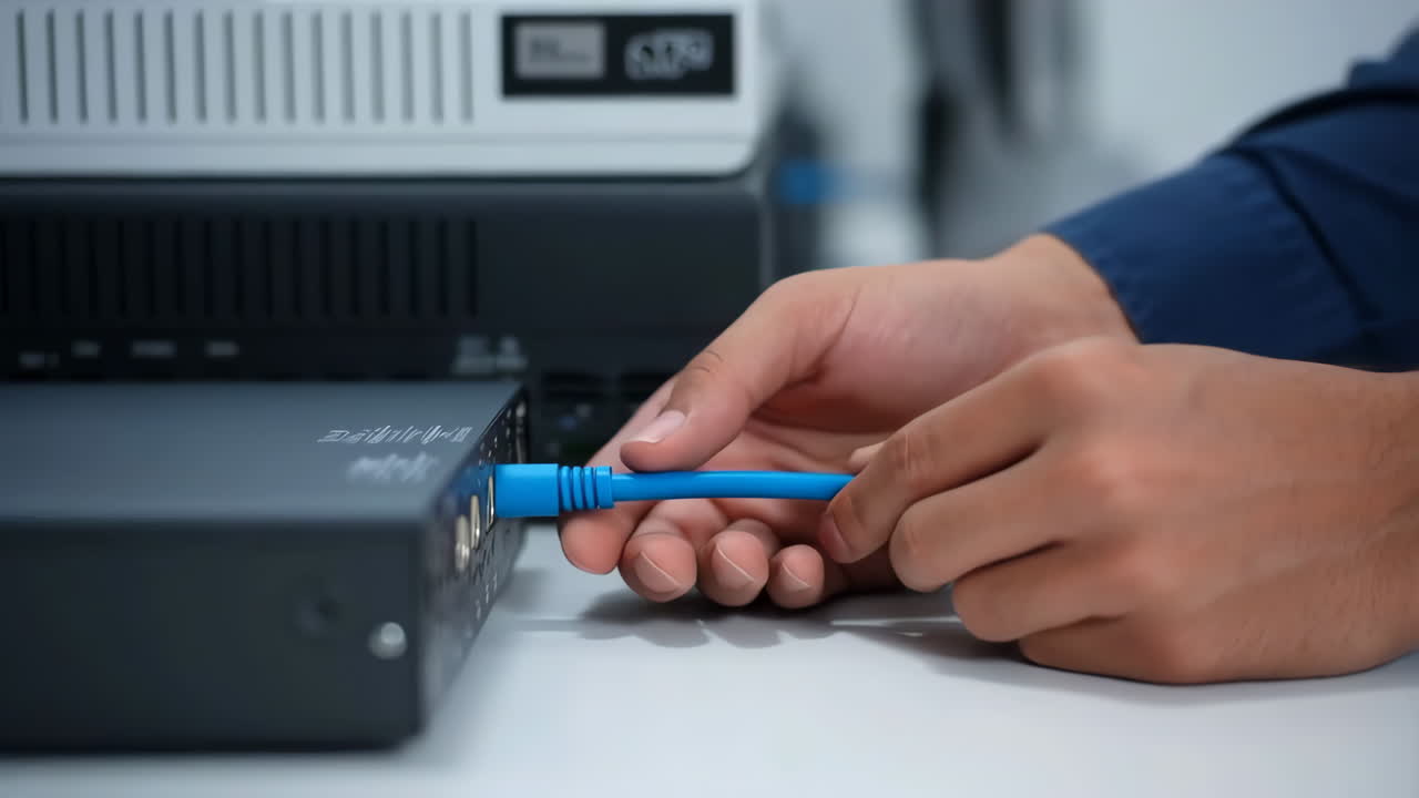 Close-up of hands connecting an Ethernet cable to a network device