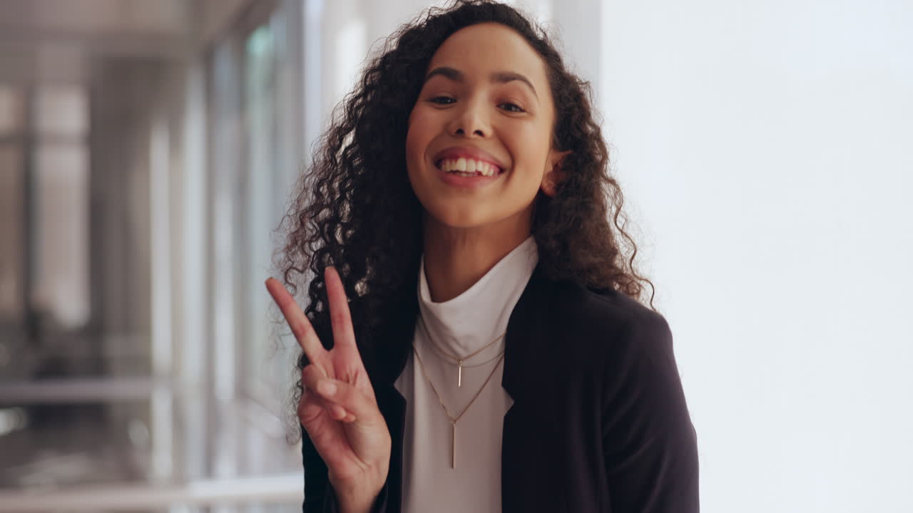 Face, peace sign and business woman in office
