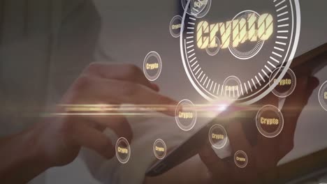 animation of crypto in circles over hands of caucasian woman using tablet