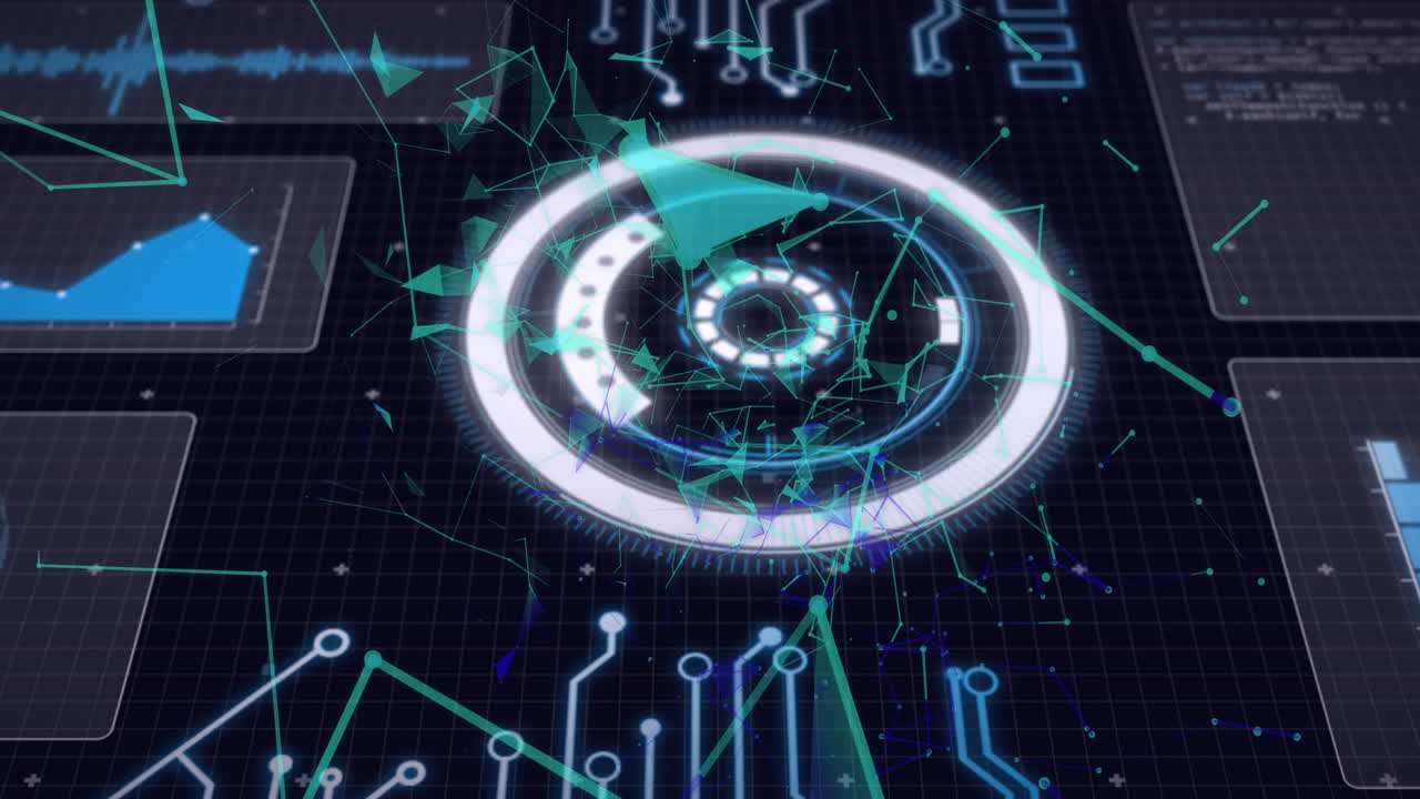 둥근 범위, 마더보드 및 검은색 배경에 움직이는 정보와 인터페이스의 애니메이션