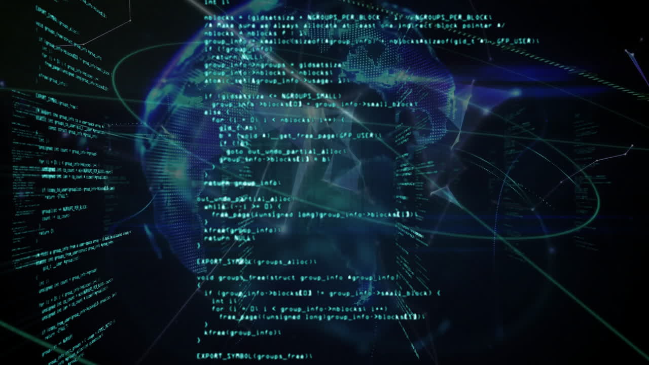 Animation of digital code overlaying globe, showing global data processing connectivity