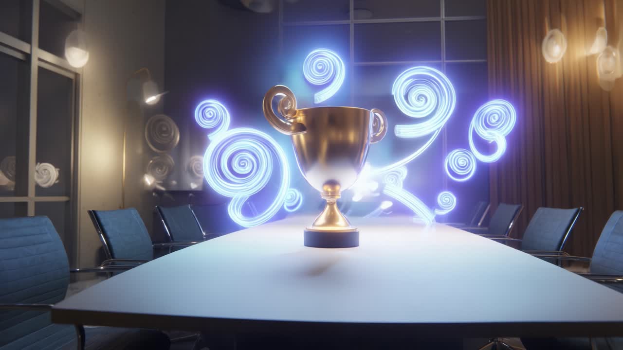 Golden trophy sitting in the center of an empty conference table, glowing with vibrant blue neon swirls in a modern office, representing corporate success, victory, and achievement